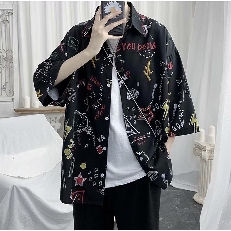 Áo sơ mi ngắn tay unisex nam nữ, cổ đứng, vải lụa lạnh nhập khẩu thoáng mát, ĐEN hoạ tiết TIA CHỚP - DOÈNBUPPI Shirt