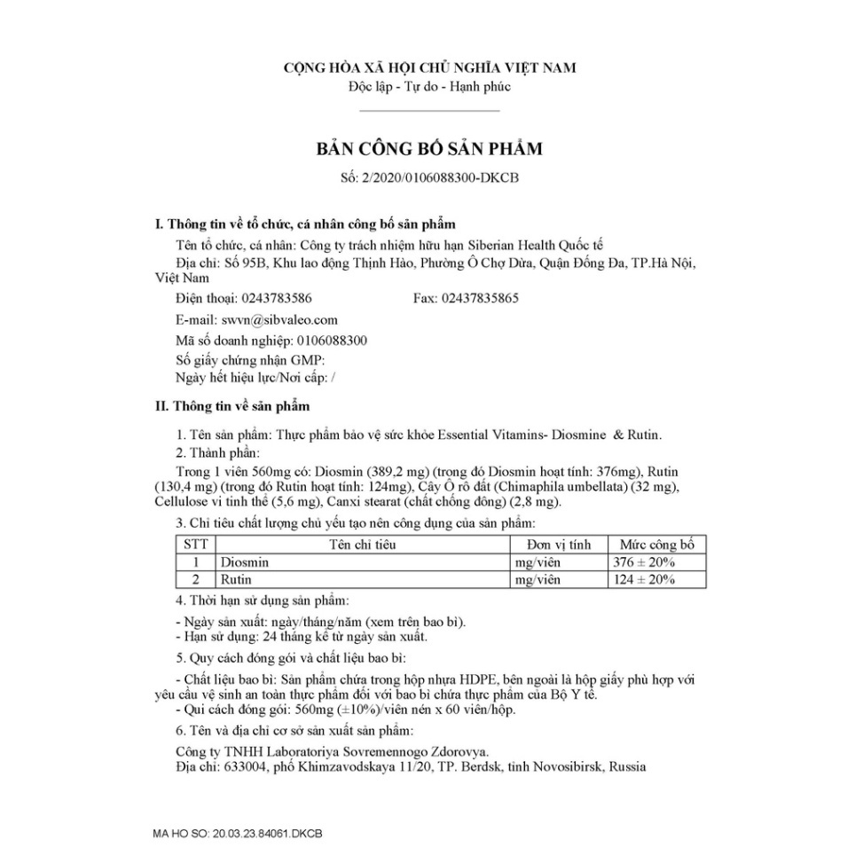 [Suy giãn tĩnh mạch]Thực phẩm bảo vệ sức khỏe Essential Vitamins 1 - Diosmine &amp; Rutin Siberian – 60 viên – Date T12/2022