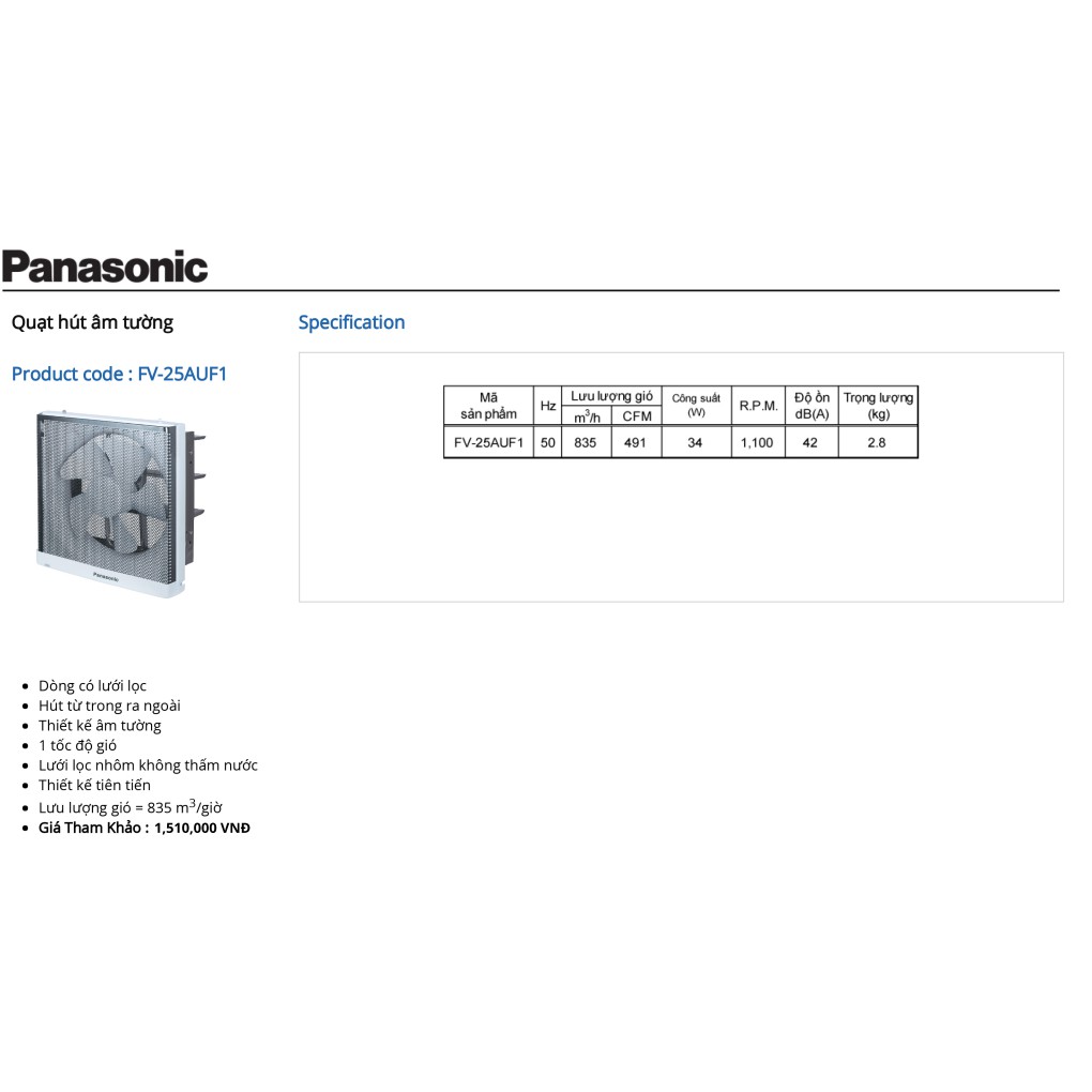 Quạt hút âm tường Panasonic - FV-25AUF1