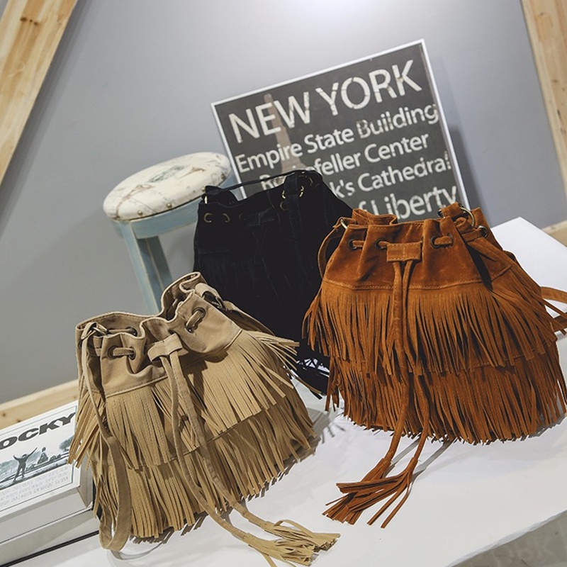 IELGY Túi Xách Rút Dây Đeo Chéo Mềm Mại Phối Tua Rua Thời Trang Cho Nữ