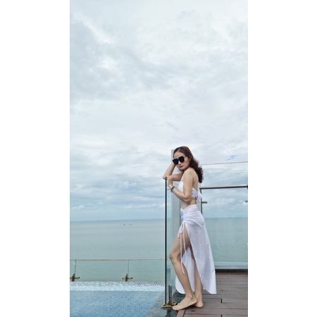 Bikini, Đồ Bơi Đi Biển Hai Mảnh Set 3 Món Quây Trắng Rút Dây Bên Hông Secxy ODERI BM-115