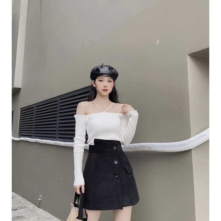 Chân váy ba cúc thô nhung nắp túi