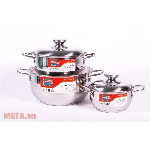 Bộ nồi inox Sunhouse 3 đáy SH335 dùng được bêp từ