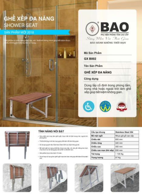 Ghế xếp phòng tắm Inox 304 BAO GX-B002, bảo hành 10 năm gxb002