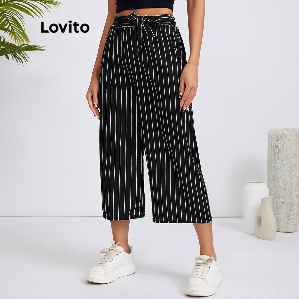 Quần Lovito phối dây buộc họa tiết kẻ sọc phong cách thường ngày L18X307 (màu đen và trắng)