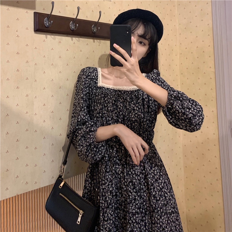 Đầm họa tiết hoa dáng dài phong cách Hàn Quốc thời trang mùa thu cho nữ