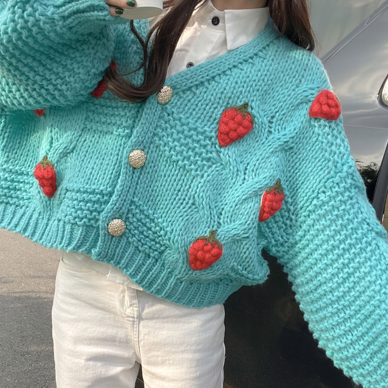 Brroa Áo Khoác Cardigan Dệt Kim Tay Dài Hở Trước Họa Tiết Dâu Tây Đơn Giản Thanh Lịch Thời Trang Mùa Thu Phong
