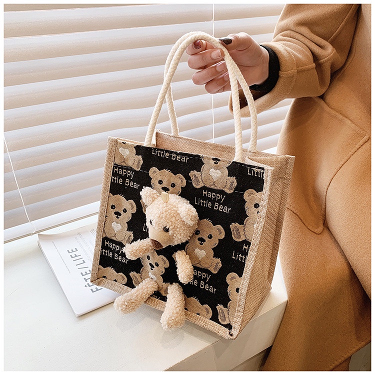 Túi Cói Túi Tole Mini Kèm Gấu Có Khóa Kéo Phong Cách Vintage Túi Xách Nữ Cói Họa Tiết Bò Sữa Siêu Đáng Yêu
