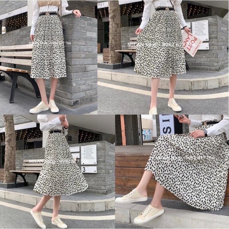 chân váy hoa dập li 2 lớp quảng châu kèm đai