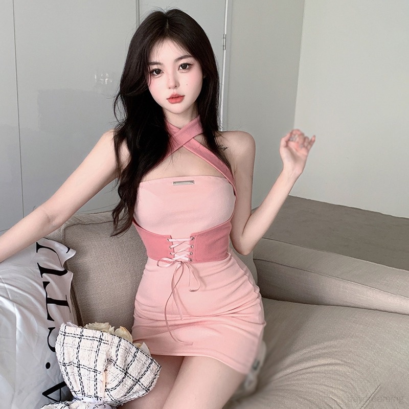 Đầm Không Tay Màu Sắc Tương Phản Phong Cách Hàn Quốc Cho Nữ