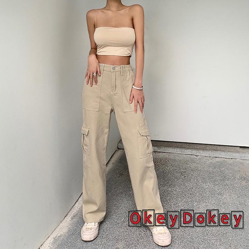 OKDK-Quần vận chuyển hàng hóa thời trang nữ Quần jean cạp cao khóa thẳng có túi