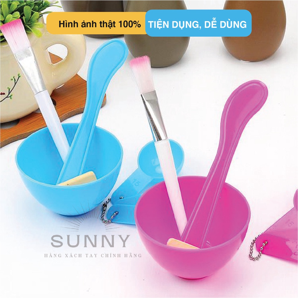 Set 4 món dụng cụ đắp mặt nạ: 1 bát dẻo, 1 thìa đánh phết bột, 1 chổi quét bột, 3 muỗng đong liều lượng bột