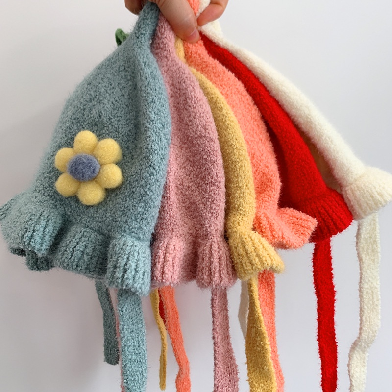 Mũ Len Cho Bé Có Dây Buộc 3-24 Tháng Mẫu Hoa Lá M35