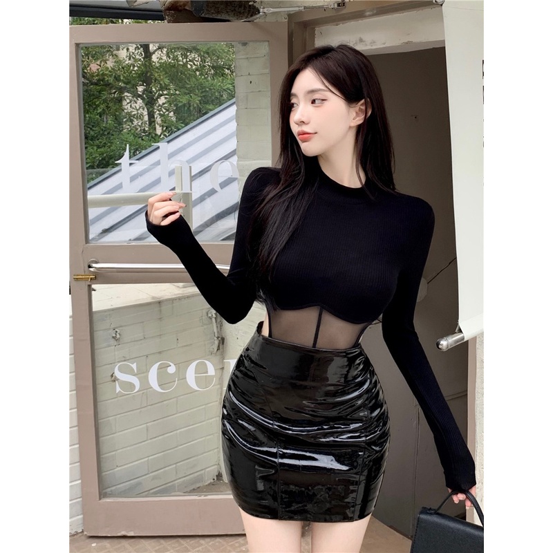 Áo thun dài tay bó sát thiết kế lưới khâu jumpsuit mùa hè