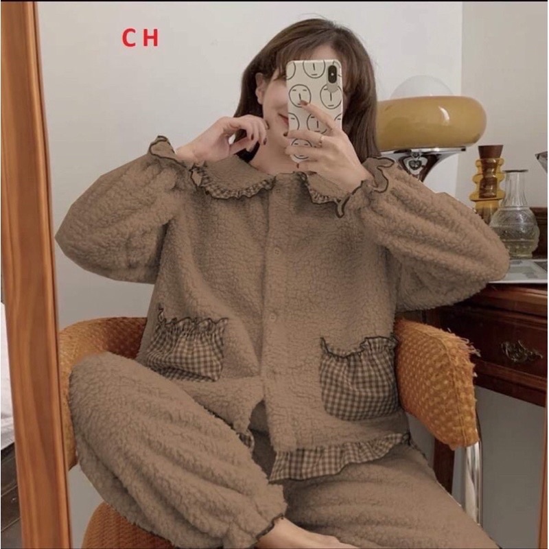 Bộ ngủ lông cừu phối caro