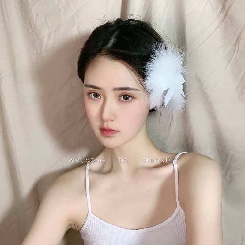 Kẹp Tóc Nơ Phối Lông Vũ Màu Trắng Xinh Xắn Đáng yêu