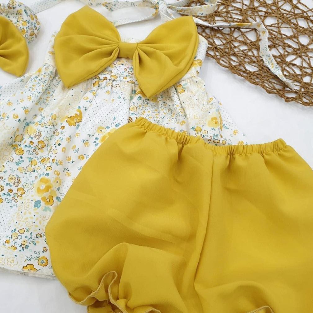 Bộ 2 dây nơ vàng quần kèm tặng kèm turban/ Bộ hàng thiết kế bé gái từ sơ sinh lên tới 5 tuổi