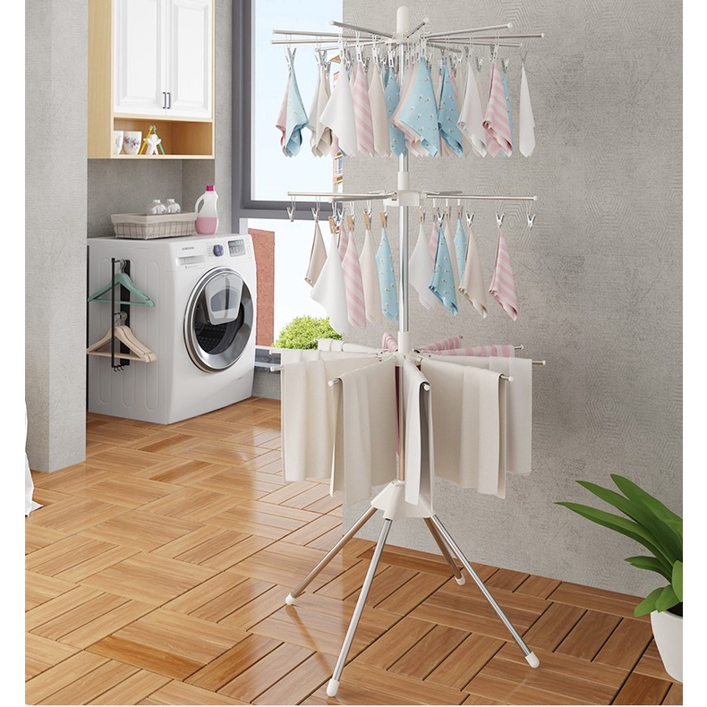 Giàn Phơi Quần Áo Thông Minh INOX 3 Tầng 56 Móc, Xoay 360 Độ, Cây Phơi Đứng Pier