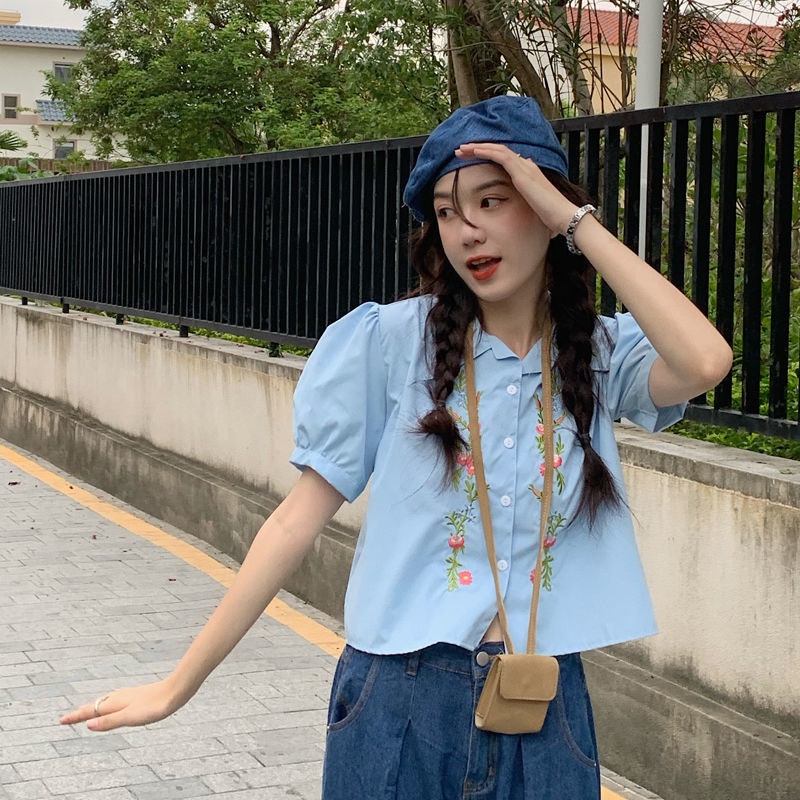 Áo sơ mi thêu hoa phong cách retro Hàn Quốc thiết kế thời trang cho nữ