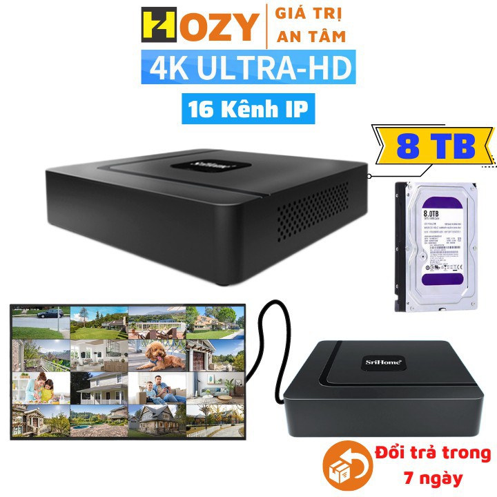 Đầu ghi hình camera IP 16 kênh 8MP/4K Srihome dùng cho dahua, imou, hikvision,Yoosee ,Onvif