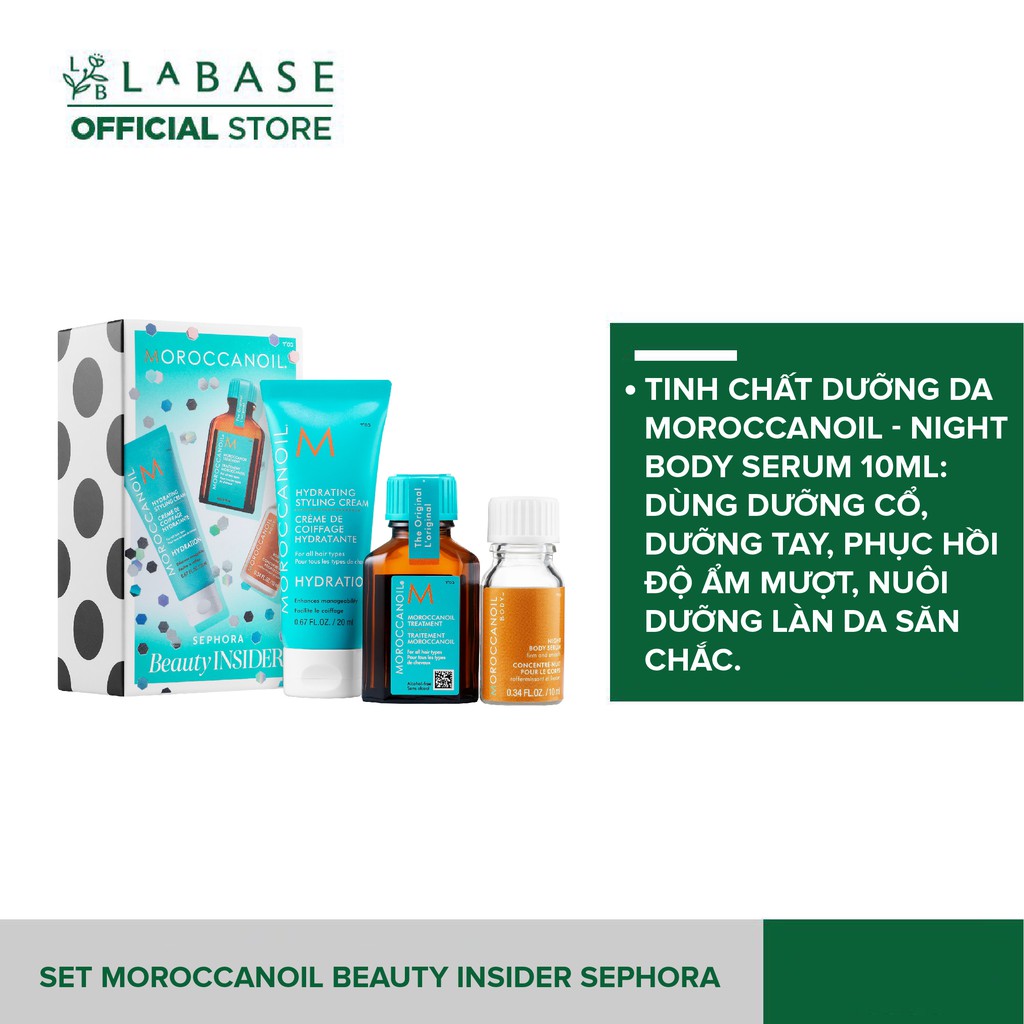 Set dưỡng tóc Moroccanoil Beauty Insider Sephora (Treatment 15ml, Hydrating Styling Cream 20ml, Night Body Serum 10ml)