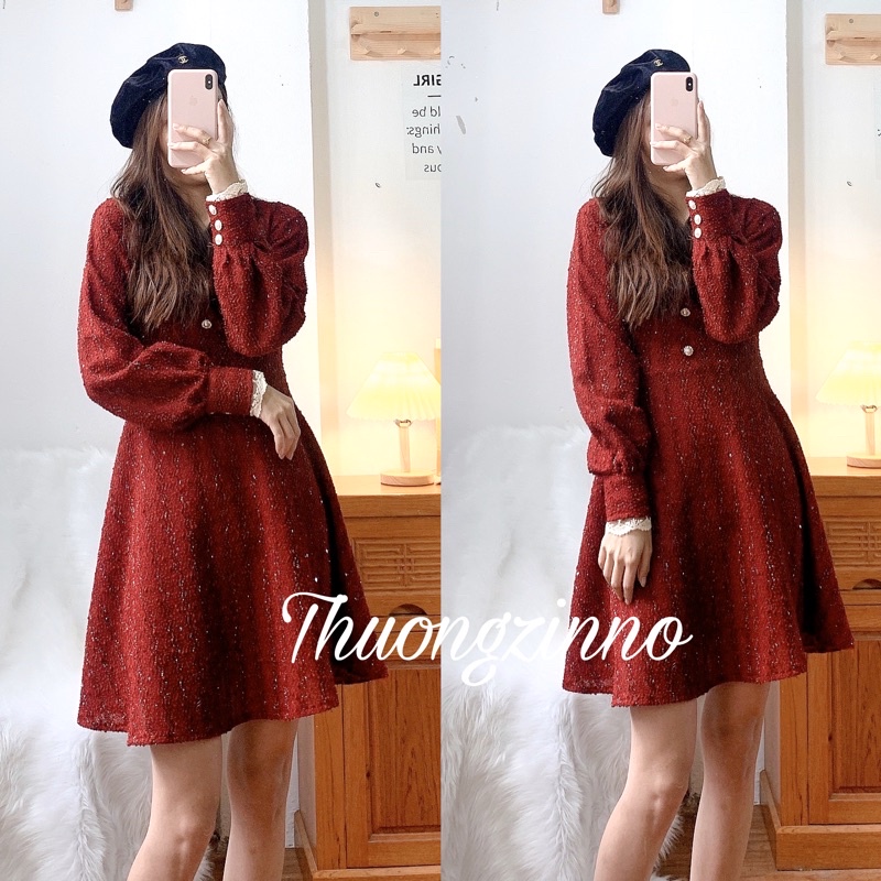 [Ảnh thật/Video] Đầm Dệt Kim Tay Phồng Cổ Chữ V Xinh Xắn Thanh Lịch Đầm Dài Dáng Chữ A Màu Đỏ Phong Cách Hàn Quốc Cho Nữ | BigBuy360 - bigbuy360.vn