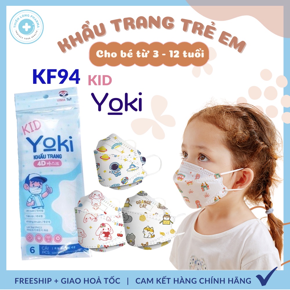 Khẩu trang trẻ em KF94 4D YOKI Túi 6 cái 4 lớp kháng khuẩn hàng chính hãng
