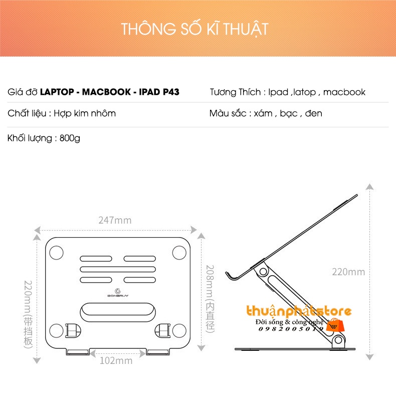 Giá Đỡ Laptop Tablet P43 / P43S Hợp Kim Nhôm -  Đế Tản Nhiệt Nâng Macbook - Máy Tính Bảng - Ipad  11-17.3 Inch