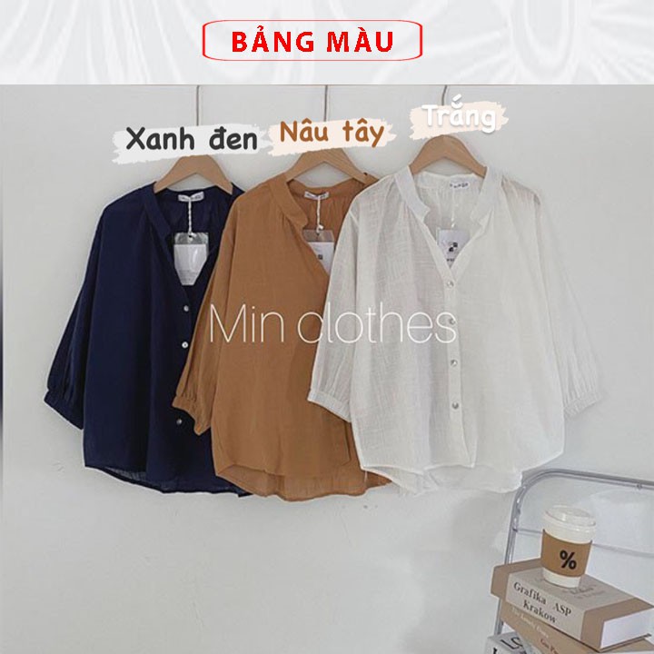 Áo sơ mi nữ kiểu tiểu thư Hàn Quốc đẹp cổ tàu bánh bèo vải đũi tay phồng form rộng bigsize màu trắng nâu xanh thời trang