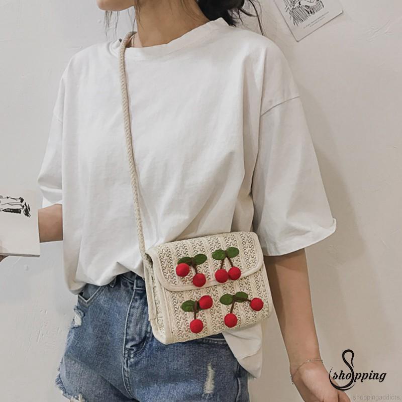 Túi cói đeo chéo họa tiết trái cherry xinh xắn cho nữ | BigBuy360 - bigbuy360.vn