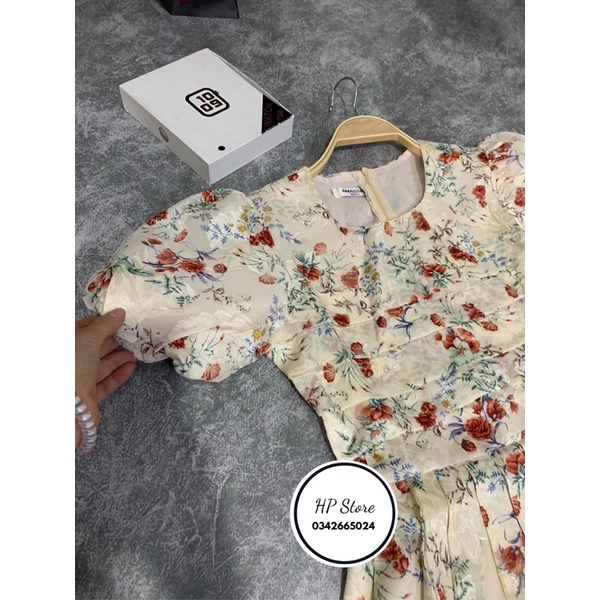 (Siêu Hót) Váy kem hoa đỏ xếp ly ngực  tay bồng tiểu thư điệu đà (kèm ảnh thật) | BigBuy360 - bigbuy360.vn