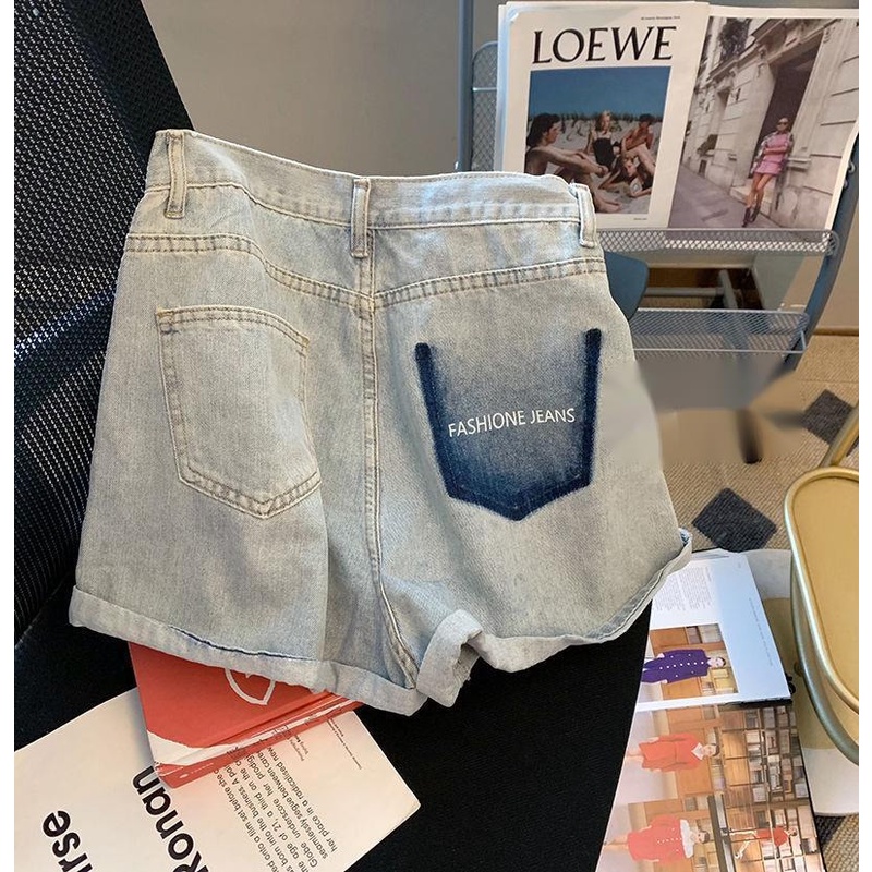 Quần Short Denim Lưng Cao Ống Rộng Dáng Chữ A Màu Sắc Tương Phản Thời Trang Mùa Hè Cho Nữ