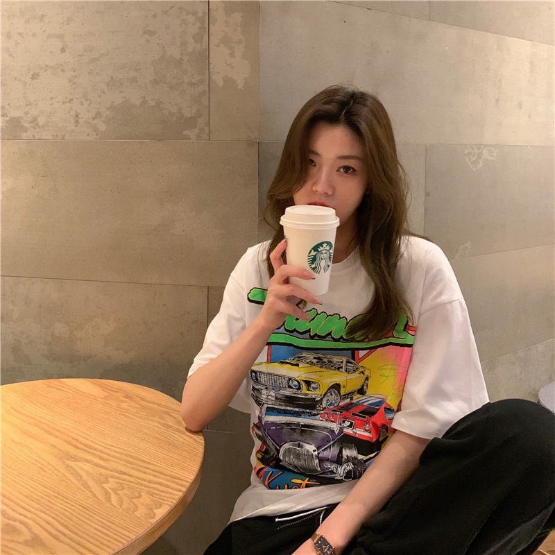 Áo thun tay ngắn cổ tròn dáng rộng in họa tiết phong cách vintage Hàn Quốc thời trang cho nữ 2 màu lựa chọn