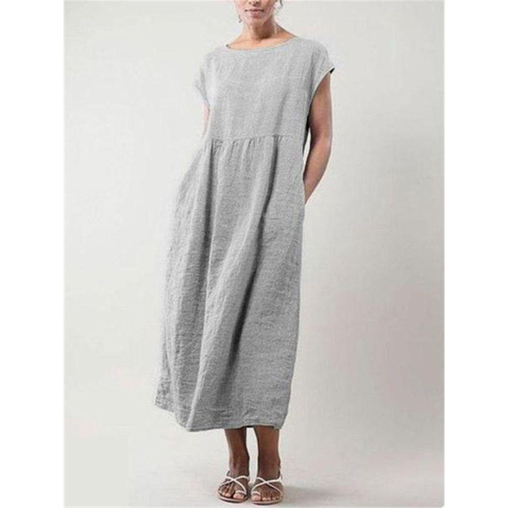 Đầm Dài Vải Lanh Cotton Tay Ngắn Màu Trơn Plus Size Cho Nữ