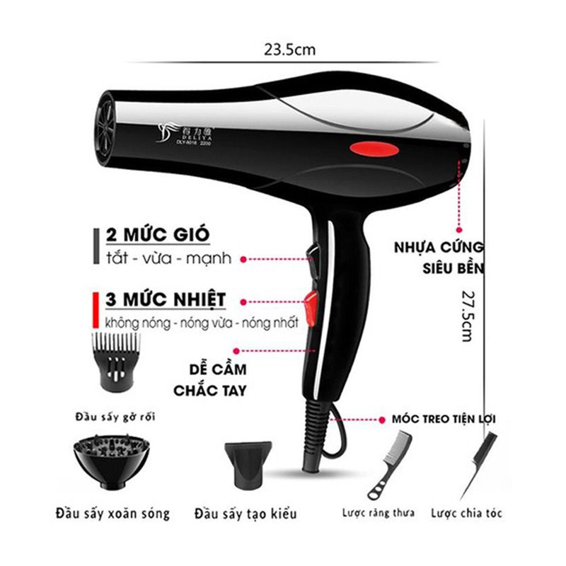 Máy sấy tóc công suất lớn tạo kiểu DELIYA chính hãng , máy khò tóc 2 chiều nóng lạnh 2200w kèm phụ kiện.