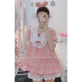 Bộ ngủ tiểu thư phối ren cổ vuông tay bồng uzzang