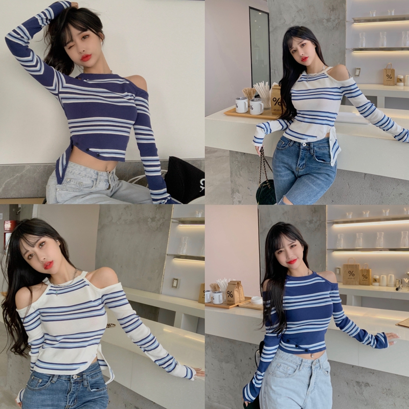 Áo Croptop Xiaozhainv Tay Dài Hoạ Tiết Kẻ Sọc Phong Cách Hàn Quốc