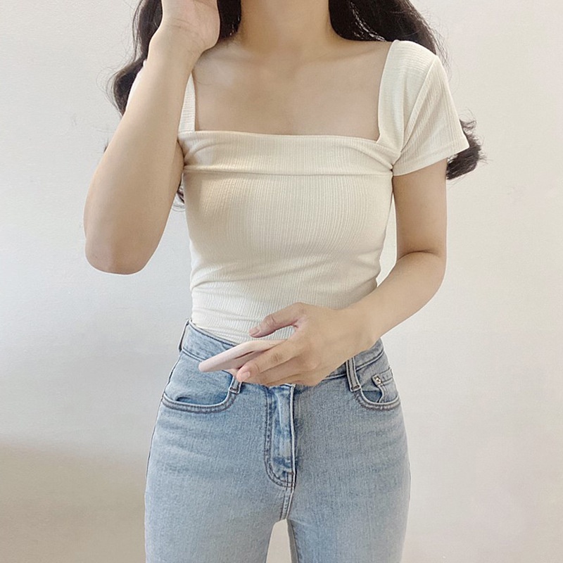 Áo Thun Cotton Cổ Vuông Màu Trơn Thời Trang Mùa Hè Cho Nữ