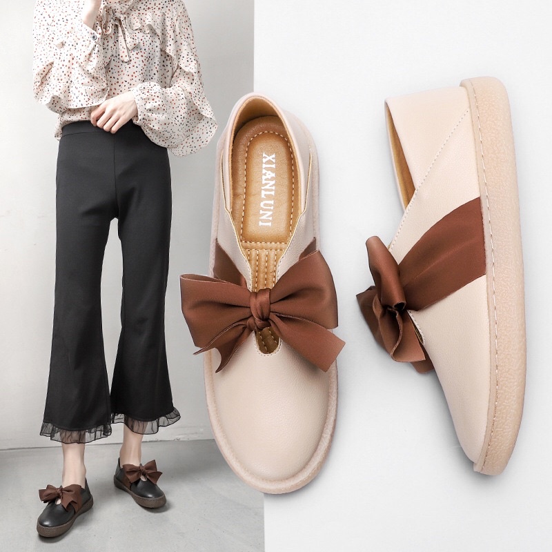 Giày Lười Nữ Búp Bê Nơ Vintage, Giày Da Đế Bằng Mũi Tròn Đẹp Thời Trang