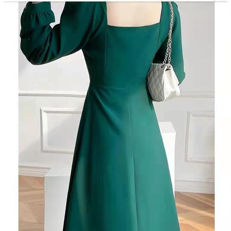 Đầm Midi Tay Dài Cổ Vuông Màu Đen Thời Trang Cho Nữ