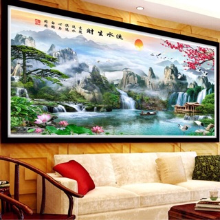 Tranh thêu chữ thập phong cảnh sơn thủy hữu tình tuyệt đẹp (chỉ bóng đẹp ) kt 150-65cm