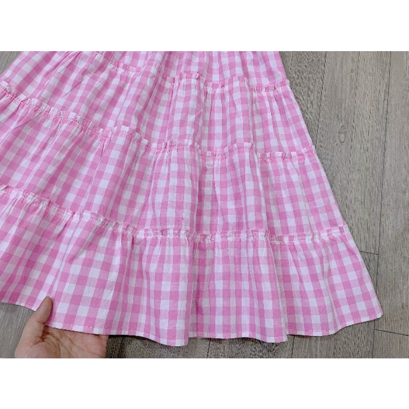 Váy đầm maxi 2 dây caro hồng, chân váy xếp tầng cho bé