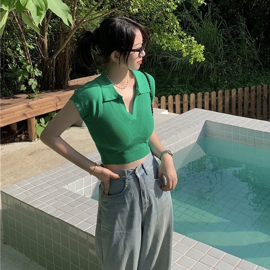 Áo thun crop top XIAOZHAINV tay ngắn cổ bẻ phong cách Hàn Quốc 4 màu sắc thời trang cá tính cho nữ