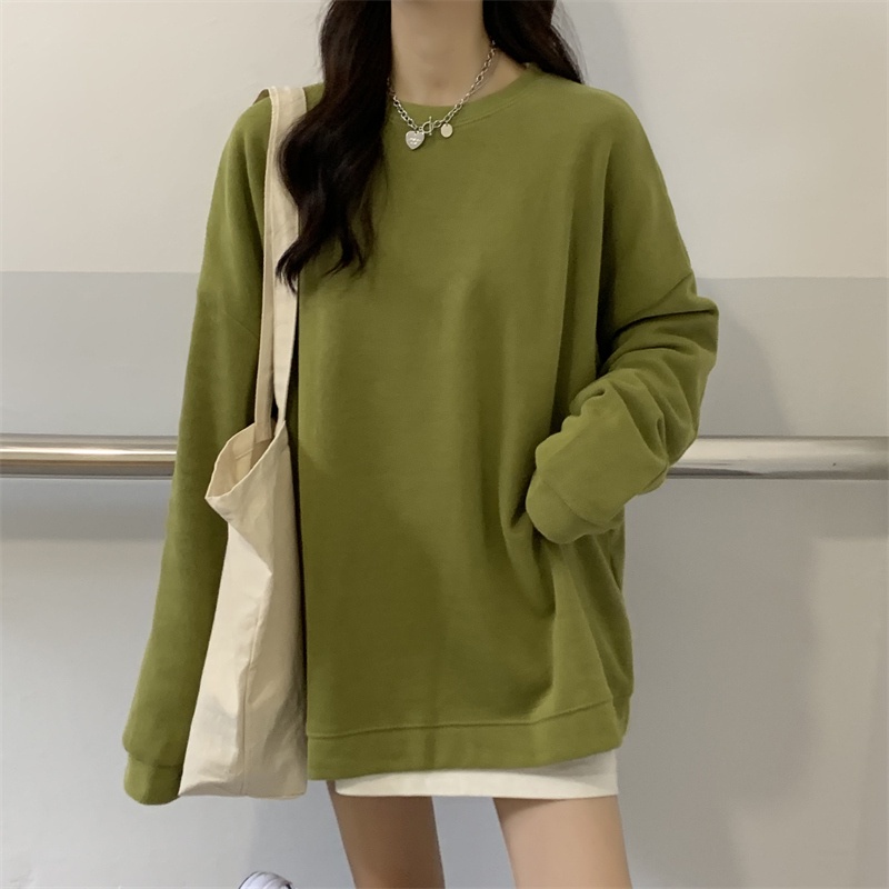 Áo sweater dáng rộng tay dài cổ tròn màu sắc đơn giản thời trang phong cách Hàn Quốc