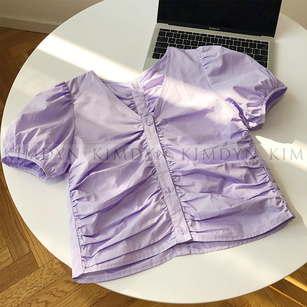 Áo croptop tay phồng Hàn Quốc áo sơ mi kiểu nhún 3 màu KimDyn
