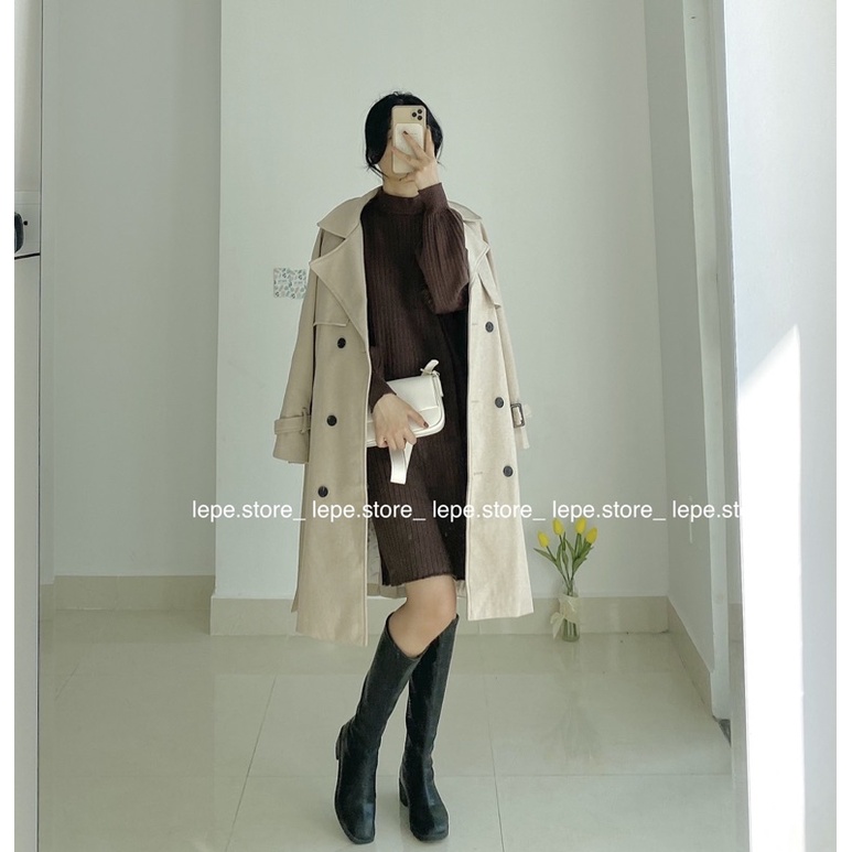 Áo khoác mangto dạ chần bông mix váy len suông dài tay Hàn Quốc