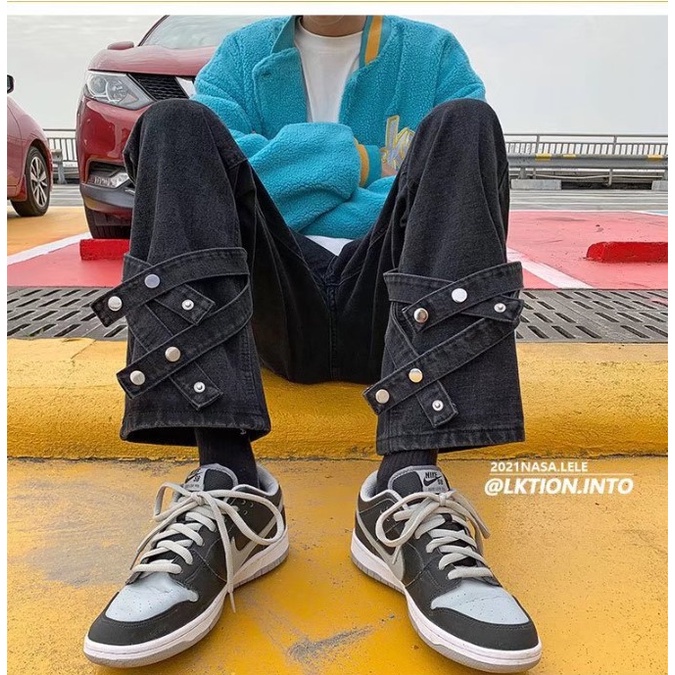 Quần jean ống rộng nam nữ unisex màu xanh nhạt và đen trang trí dây đẹp mới hà nội hcm Pon.mens