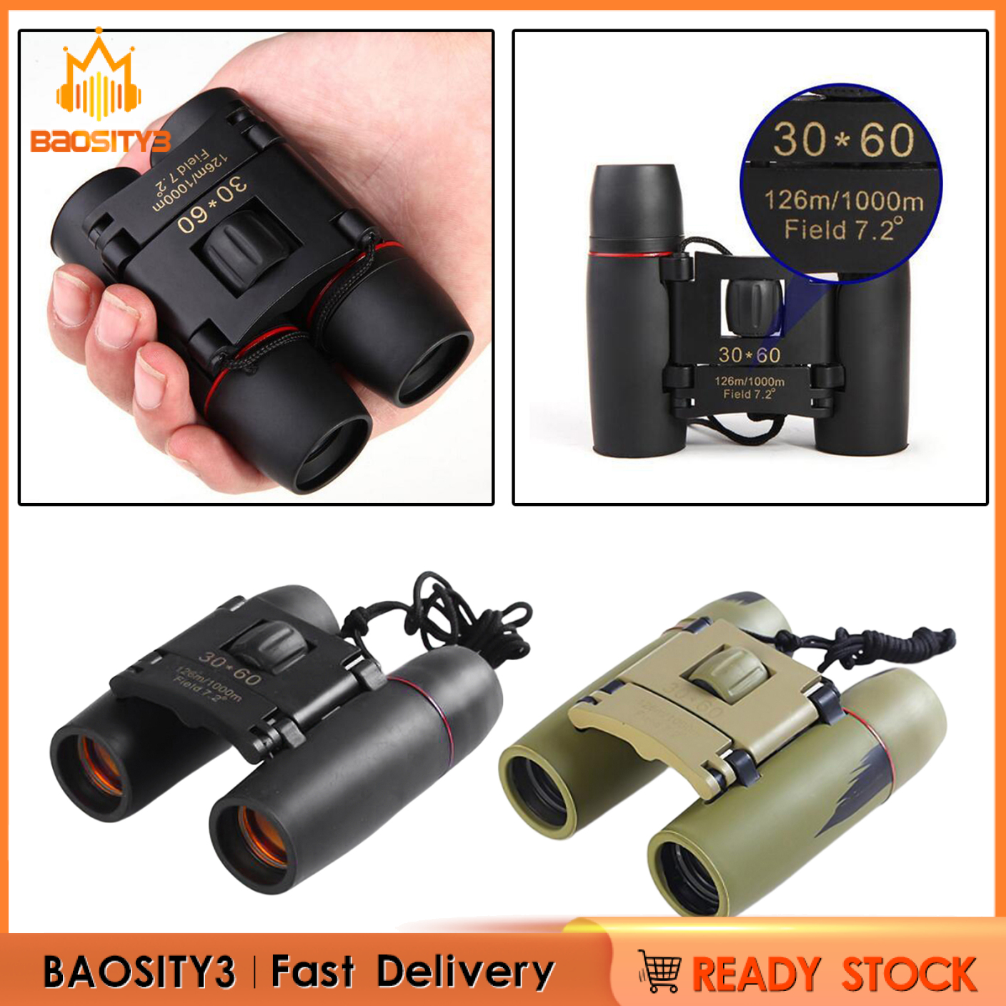 [baosity3]Mini 30 x 60 Zoom Night Vision Binoculars HD Telescope  Black