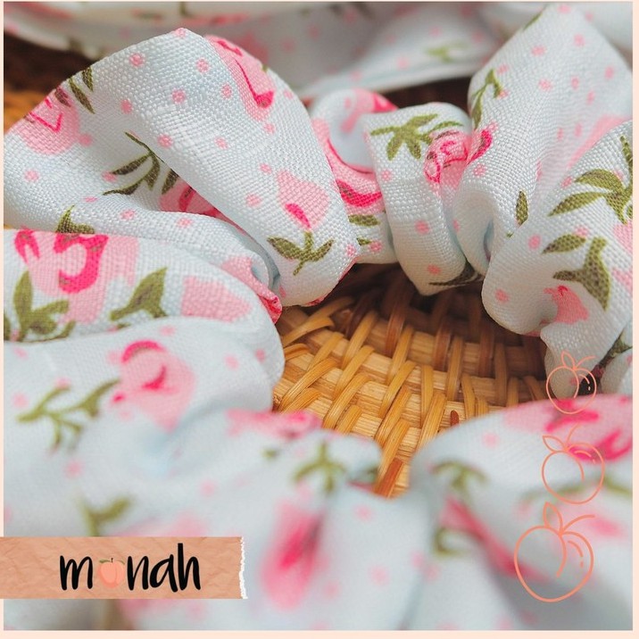 Combo dây buộc tóc, cột tóc scrunchie và turban băng đô nữ hoa hồng nền xanh trang nhã lụa vân tre.