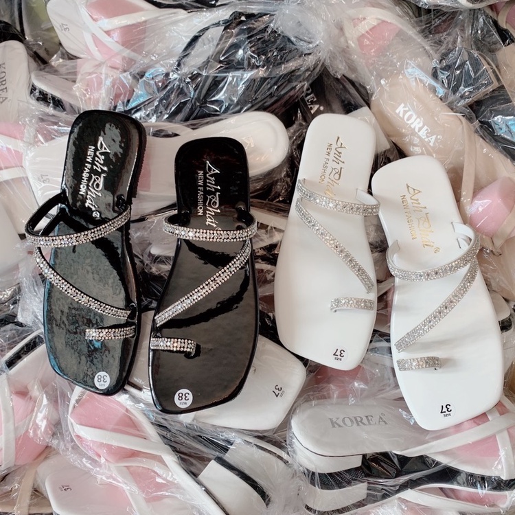 Dép nữ xỏ ngón đính đá siêu sang giá bèo size 35/39- Dép kiểu nữ xỏ ngón đế xẹp thời trang
